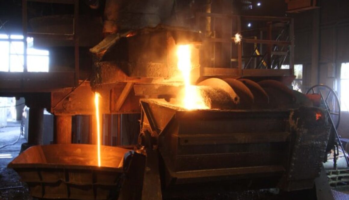 Molten gray iron is poured in the foundry.